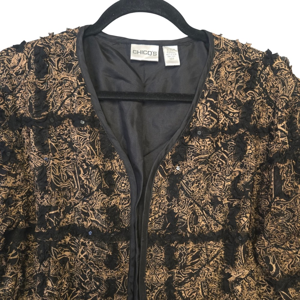 Chico's Silk Blend Sequin Frayed Ribbon Open Front Jacket‎ Black Paisley Size 0